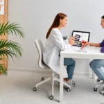 Woman discussing bacterial vaginosis vs yeast infection symptoms with an OB/GYN during a consultation.