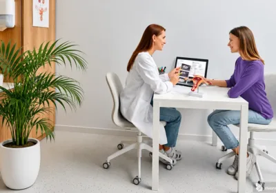 Woman discussing bacterial vaginosis vs yeast infection symptoms with an OB/GYN during a consultation.