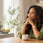 African American woman sitting thoughtfully at a table, reflecting on fatigue and mood changes that may be signs of hormonal imbalance