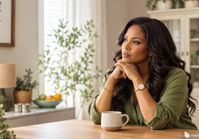 African American woman sitting thoughtfully at a table, reflecting on fatigue and mood changes that may be signs of hormonal imbalance